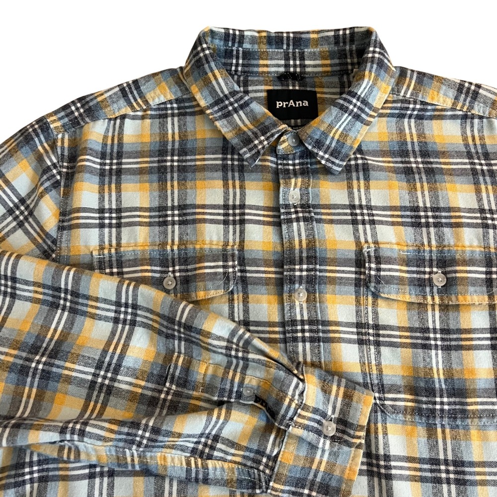 PrAna Mens Large Plaid Flannel Shirt Blue Yellow‎ Organic Cotton Blend Button Up